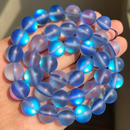 Frosted Dark Blue Austria Flash Crystal MoonStone Round Natural Loose Bead for Jewelry Making Diy Bracelet 15'' 6/8/10/12mm