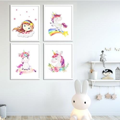Rainbow Unicorn Girl Room Colorful Wall Art Canvas Poster Nursery Cartoon Print Painting Nordic Kids Decoration Pictures Decor