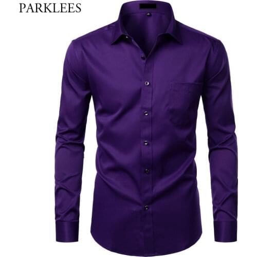 Purple Men Bamboo Fiber Dress Shirt Comfortable Soft Mens Long Sleeve Shirt Easy Care Work Business Formal Shirts for Men Homme