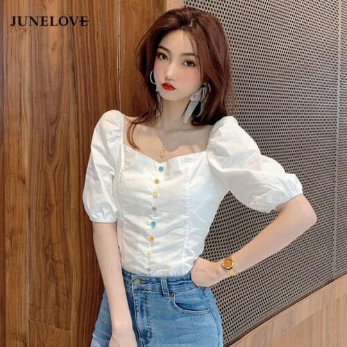 Bella Philosophy square collar new half sleeve sweet summer rainbow button tops Women Vintage Blouses casual Street French Tops