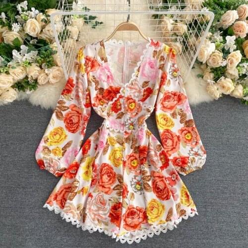 2020 Women Luxury Elegant Jumpsuit Fashion Flower Printed Party Romper Female Streetwear Shorts Lace Collar Jumpsuit For Women