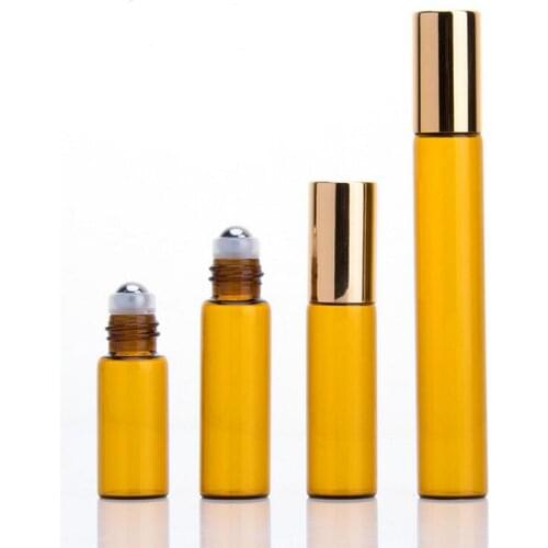 Refillable 3ml 5ml 10ml Amber Roll On Perfume Glass Bottle Essential Oil Bottle With Steel Metal Roller Ball LX1025