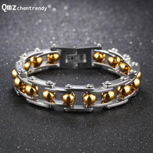 New Cool Men Punk Biker Bicycle Motorcycle Chain Mens Bracelets & Bangles Fashion Gold Steel Beads 316L Stainless Steel Jewelry