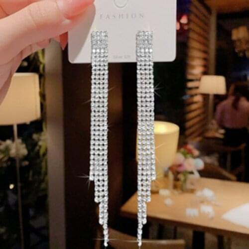 New Bridal Long Silver Color Tassel Dangle Earrings Sparkling Rhinestone Crystal Wedding Jewelry For Women Accessory Gift
