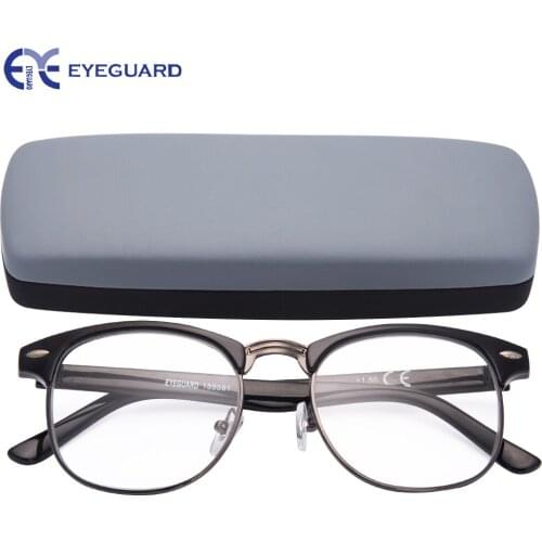 EYEGUARD Round Half Frame Metal Reading Glasses Spring Hinges Classic Readers Unisex Black with Hard Case