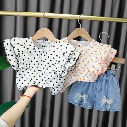Baby girl clothes summer fashion flying sleeve polka dot shirt tops denim shorts 2 pieces girls casual cotton suit kids clothes