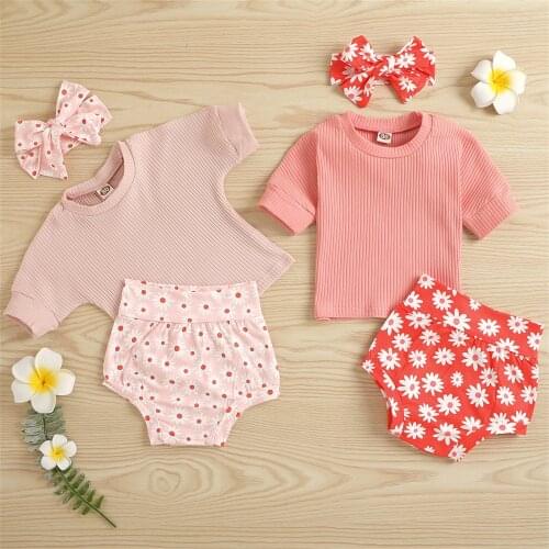 Newborn Baby Girls Clothes Summer Ribbed T Shirt Tops Floral Shorts Headband Infant Toddler Girl Sets Outfits 6 Months -3 Years