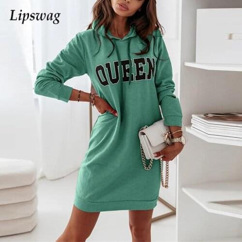 Autumn Fashion Hooded Letter Print Long-sleeved Sweater Dress Women Casual Sports Drawstring Dress Elegant O-neck Loose Dress
