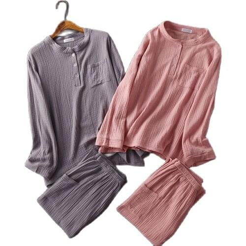 Womens Cotton Water-washed Texture Crepe Gauze Long-sleeved Trousers Pajamas Household Suit Plus Size Maternity Set Clothes