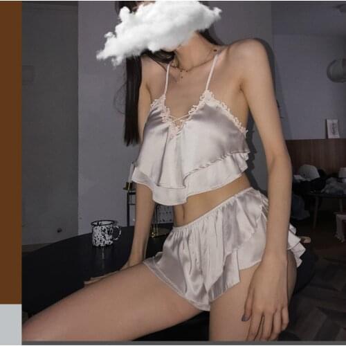 Backless Floral Sexy Pajamas for Women Ice Silk Suspender Tops and Shorts Lovely 2pcs Pajama Set Home Clothes Dropshipping