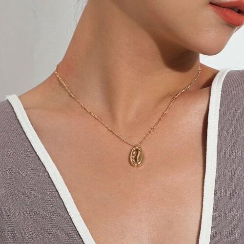 Simple Temperament Alloy Sea Shell Pendant Necklace for Women Vintage Beads Chains Geometric Clavicle Necklaces Beach Jewelry