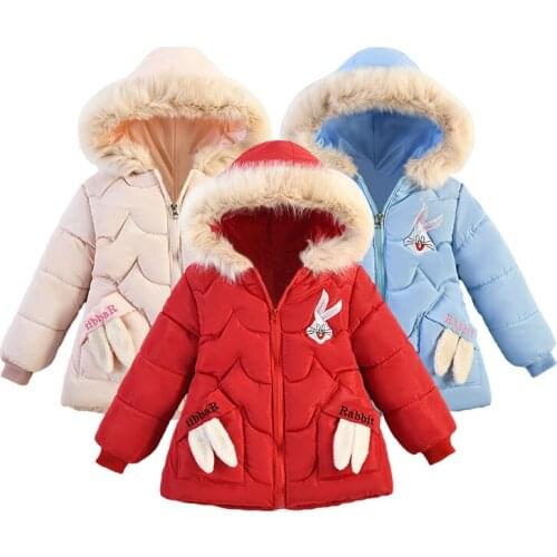 Baby Girl Winter Warm Down Hooded Coat Fashion Children Jacket Outerwear Teenage Cute Cartoon Rabbit Solid Color Kids 2021 New