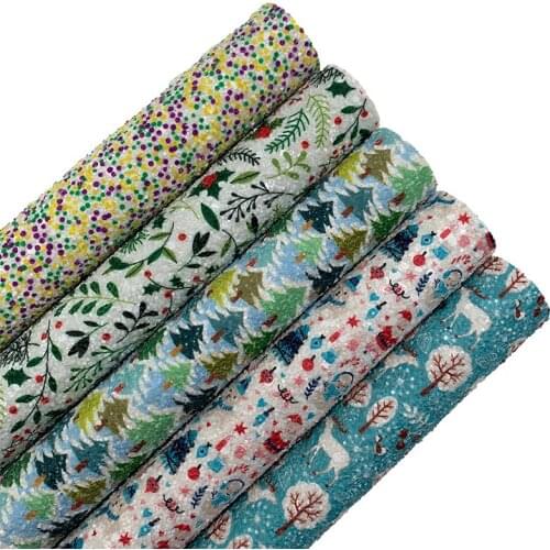 Christmas Trees Santa Claus Flowers Elks Printed Glitter Synthetic Leather Faux Vinil For Bows Earrings DIY A4 SIZE T587A