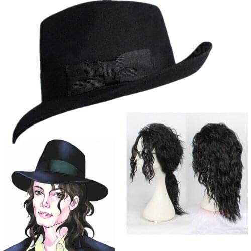Michael Jackson Concert Dance Hats High Quality Wool Hat Wool Classic Black Wide Hat with Jazz Brim Knight Hats with Wig