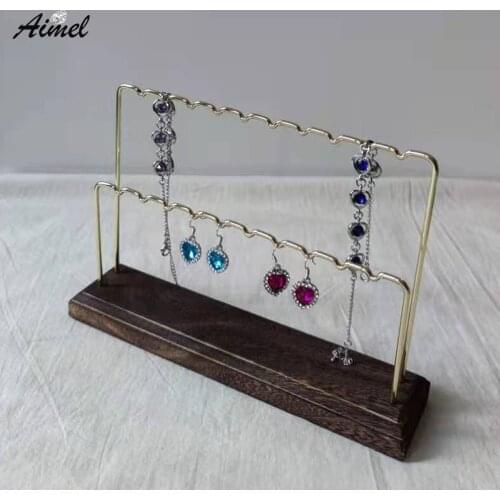 Gold Metal Earring Jewelry Display Hold Rack Wood Base Ring Bracelet Earrings Packaging Stand Bracelet Jewelry Organizer Stand