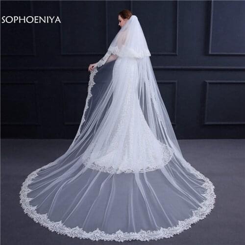 New Arrival White Ivory Wedding veil 2020 Voile mariage long welon Sequined Lace edge Bridal veil Cathedral veil trouwjurk