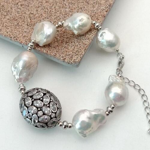 YYGEM 8'' 14x18MM Natural Nucleated Flameball Baroque Pearl Cubic Zirconia mirco pave Connector Bracelet for women Women