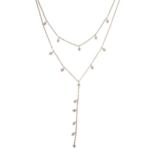 2021 Fashion Jewelry Gold Color Layer Chain 2 Layer Women Ladies Long Chain Cz Drop Link Chain Choker Rhombus Y Charm Necklace