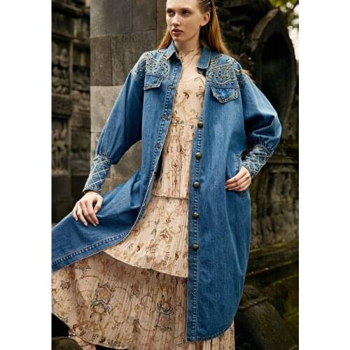 Designer Spring Autumn New Outerwear Embroidered Rivet Long Sleeved Single-Breasted High Quality Denim Jacket Women With Belt