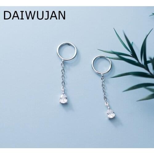 DAIWUJAN Korean 925 Sterling Silver Round Water Drop Crystal Pendant Earrings INS Chain Tassel Earring For Women Wedding Jewelry