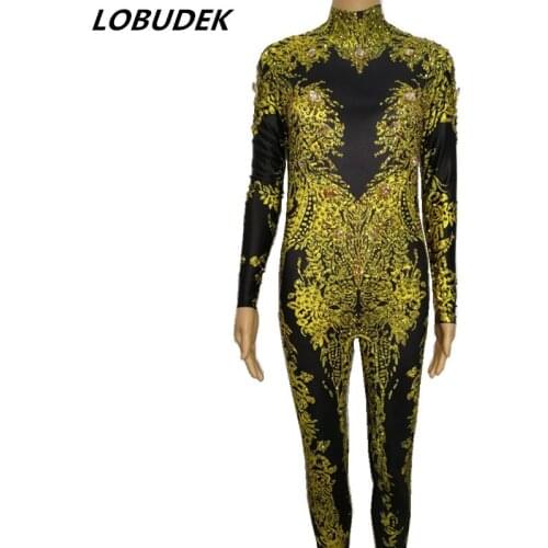 Gold Sparkly Crystals Jumpsuit Female Singer Bar DJ Pole dancing Costume Sexy Elastic jumpsuit Dancer Party Performance clothing