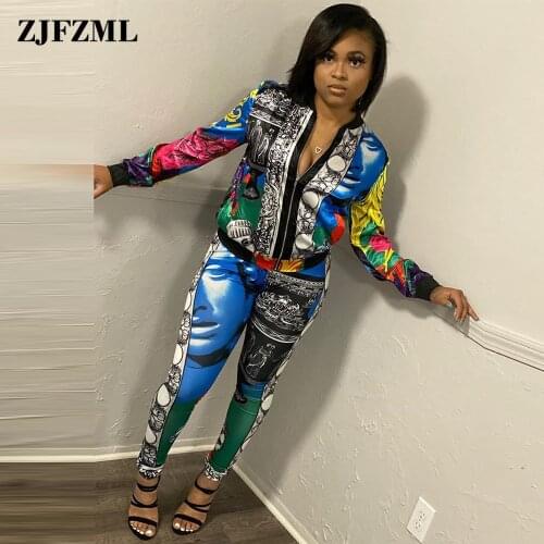 Aesthetic Print Harajuku Two Piece Tracksuit Women Zipper Front Full Sleeve Jackets and Pencil Legging Autumn Winter Clothes