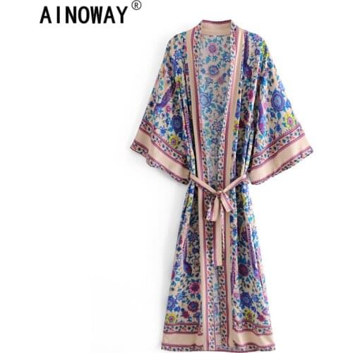 Peacock Floral Print Sashes bohemian Vintage chic Women Kimono Ladies V Neck batwing Sleeves blue Boho Maxi dress robe