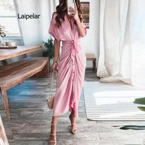 Women Sexy Deep V Draped Shirt Long Dress Fashion Button Slit Bandage Beach Dress Lady Elegant Casual Short Sleeve Dresses