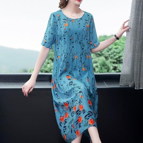 2021 Vintage Blue Print Mulberry Silk Midi Dress Summer Loose 4XL Plus Size Runway Dresses Elegant Women Bodycon Party Vestidos