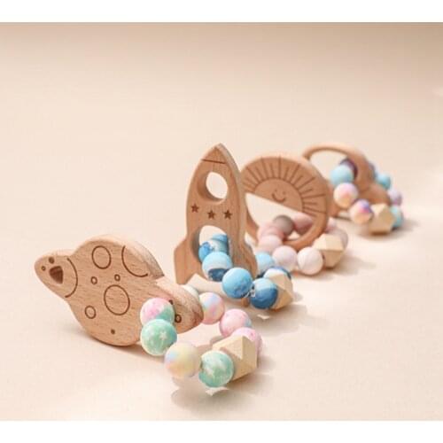 1Pc Wooden Spaceship Bracelets Baby Teething Silicone Beads Teether Beech Wood Molar Toy Newborn Baby Nursing Gift Planet Beads