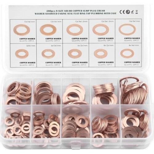 200Pcs Solid Copper Washer M5-M14 Flat Ring Sump Plug Oil Seal Assorted Set Box Electrical Conductivity Thermal Conductivity