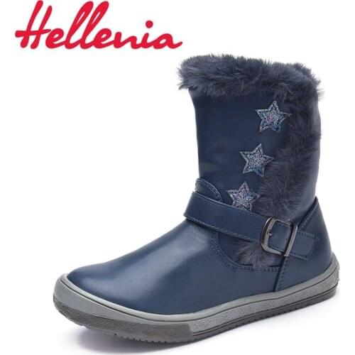 Hellenia ankle kids boots for girls short plush lining bling stars art/fur edge children shoes boy autumn winter Navy size 26-30
