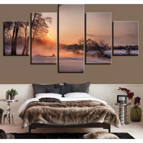 Canvas Posters Home Decor HD Prints Pictures 5 Pieces Winter Snow Sunrise Fog Lake Trees Painting Living Room Wall Art(No Frame)