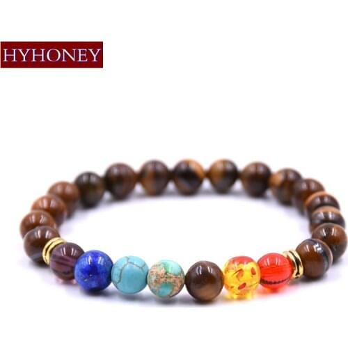HYHONEY 8MM Natural Stone Beads Men 7 Chakra Healing Balance Bracelets Rope Bracelets for Women and Men pulseira masculina