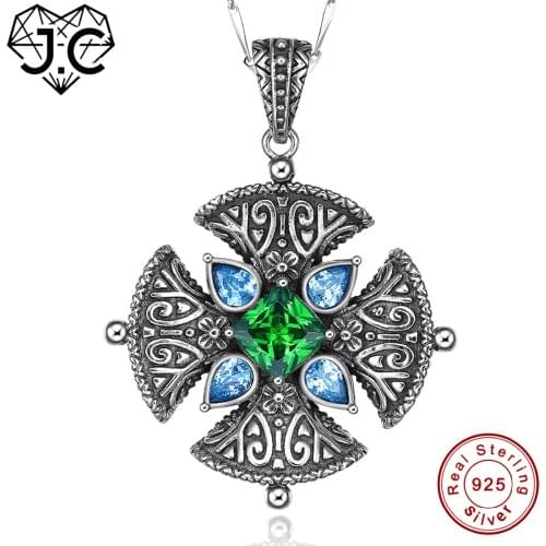 J.C Lady Rare Anniversary Necklace Pink & Garnet & Emerald Blue Topaz Solid 925 Sterling Silver Pendant Excellent Fine Jewelry
