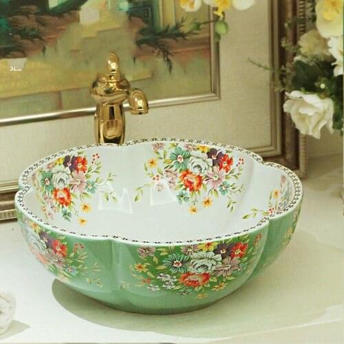 Flower Shape Europe Vintage Style Ceramic Washing Basin Bathroom Counter top Bathroom Sink chinese bowl sink