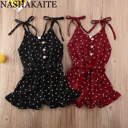 NASHAKAITE Kids Jumpsuit Shoulder Bandage Heart With Belt Toddler Girl Jumpsuit Summer Overalls Kids Romper Outfits For 1-6Y