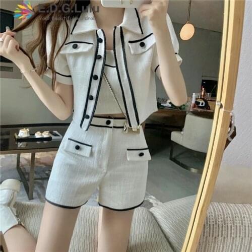 EDGLuLu Summer Women Casual 3 Pieces Sets turn-down collar short sleeve T-shirt+backless Crop Top +Buttons shorts lady suit
