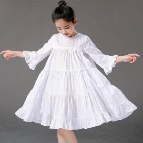 4 to 12 years kids girls summer cotton linen tiered flare dresses children girl white three quarter sleeve ruffle dress clothes