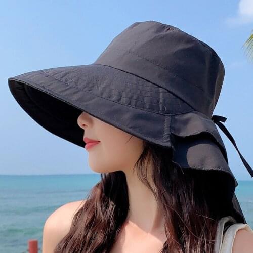 Fashion Women Summer UV Protection Sun Hat Female Ponytail Bucket Hats with Neck Flap Outdoor Traveling Beach Cap
