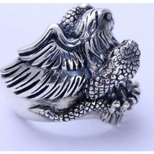 100% Real S925 sterling silver jewelry vintage Thai silver eagle snake battle personality mens ring