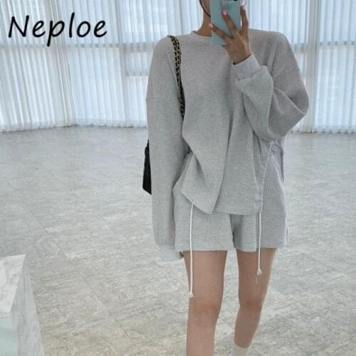 Neploe Simple Causal Solid 2 Pcs Women Set O Neck Pullover Long Sleeve Top + High Waist Hip Elastic Shorts Spring Suit Soft