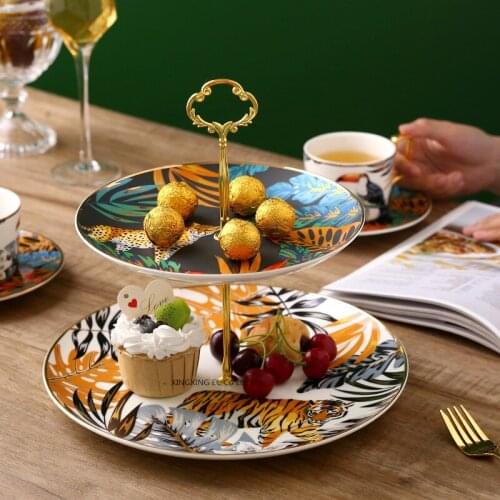 Nordic Light Luxury Cake Stand Double Fruit Plate Fantasy Jungle Animal Tray Household Dim Sum Candy Plate Ceramic Tableware