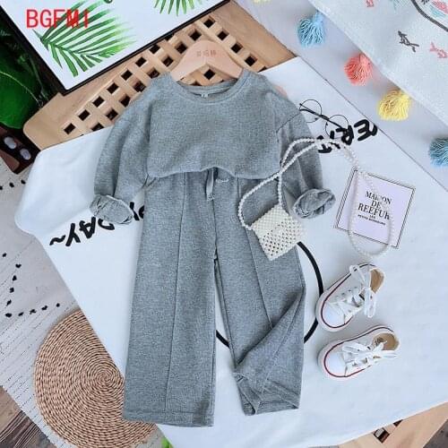 2021 Spring Fall New Korean Youth Girls Off-shoulder Top + Wide-leg Pants 2pcs Grey Black Sets Baby Girl Kids Cotton Sports Set