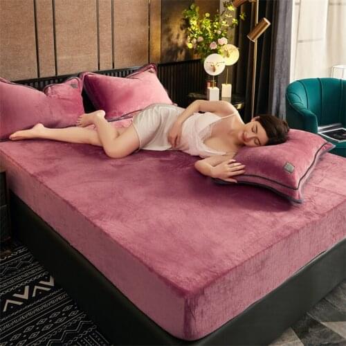 Solid Color Thicken Warm Bed Sheet with Elastic Band Four Corner Soft Crystal Velvet Fitted Sheet Mattress Cover (No Pillowcase)