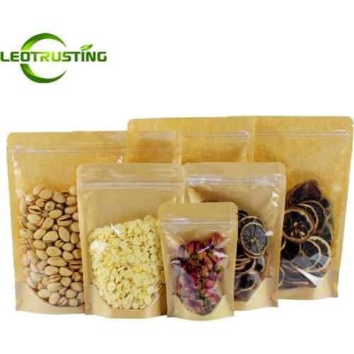 50pcs High Clear Front Kraft Paper Zip Lock Storage Bag Snack Nuts Powder Coffee Beans Spice Gift Resealable Packaging Pouches