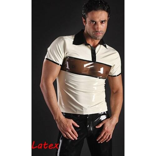 Sexy White Short Sleeve Mens Latex Top T-Shirt Tight Rubber Gummi Turn-Down Collar Custom
