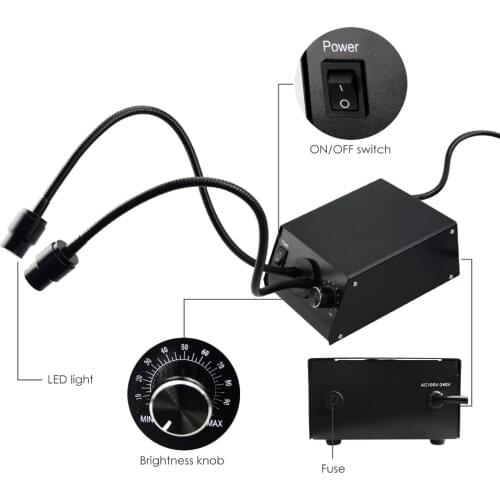 LED Fiber Optic Dual Gooseneck Lights Microscope Illuminator w/ Dimmer 100V~240V Color Temperature 6500K Adjustable Brightness