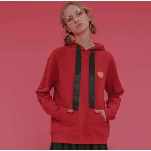 Loose Casual Fashion Pullovers Heart-shaped Red Terry Cloth Patch 2017 Spring New Arrivals Womens Hooded Sweatshirts