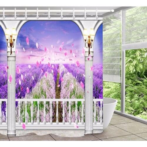 Purple Lavender Shower Curtain Flower Arches Pillar Bathroom Waterproof Eco-Friendly Washable Polyester Fabric for Bathtub Decor